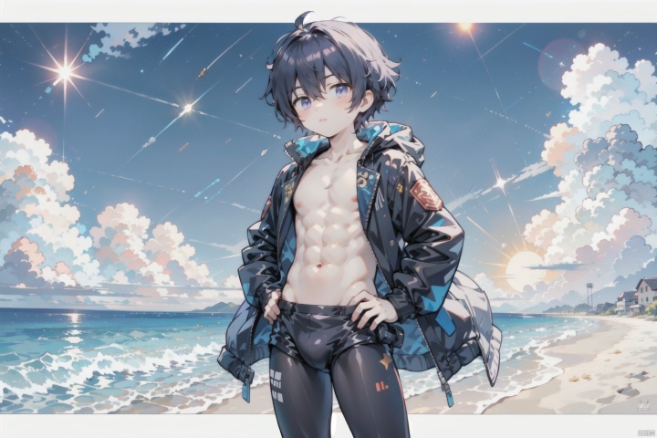 1boy,a young male anime character standing at a beach during sunset. He is shirtless, displaying a muscular physique, and wears a black jacket. The sky is painted in hues of blue, purple, and orange, with scattered stars. The sun casts a warm, golden glow on the character and the surrounding environment. The art style is detailed, with smooth shading and lifelike textures, particularly evident in the character's hair and skin,
masterpiece,best quality,very aesthetic,absurdres, shota, white pantyhose