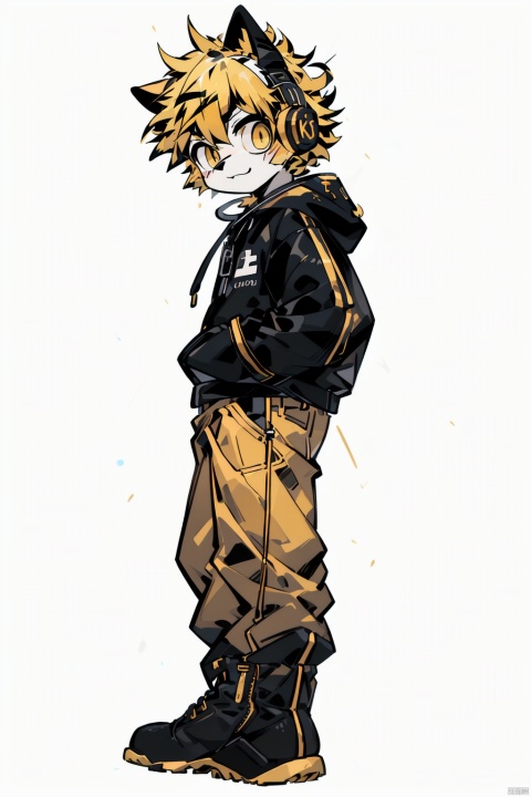  shota, (masterpiece:1.331), best quality, (official art:1.1), (extremely detailed cg unity 8k ）,(sole:1.21), simple background, yellow eyes,(headphones),boots,((yellow hair))((,gold_hair)),long_pants,standing, Larme Kei3, furry