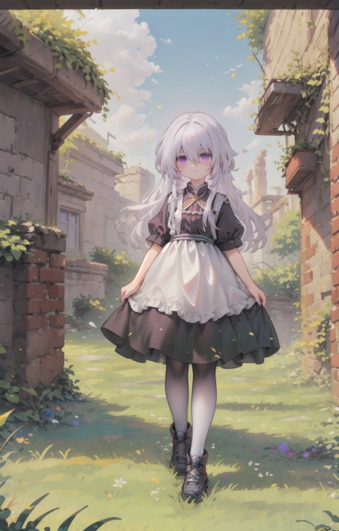  (masterpiece),(best quality),1girl, solo, purple_eyes, white_hair, overgrown, dress, short_sleeves, white_dress, scenery, grass, ruins, bangs, plant, outdoors, hair_between_eyes, looking_at_viewer, day, vines, shota, (\shen ming shao nv\), , killer, white pantyhose