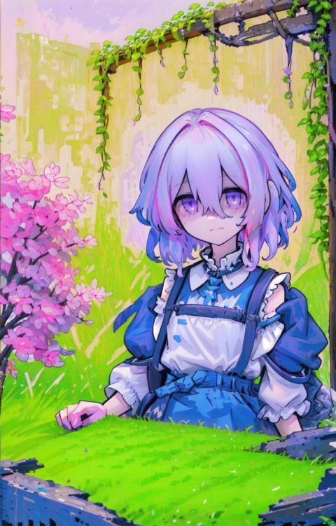  (masterpiece),(best quality),1girl, solo, purple_eyes, white_hair, overgrown, dress, short_sleeves, white_dress, scenery, grass, ruins, bangs, plant, outdoors, hair_between_eyes, looking_at_viewer, day, vines, shota , killer, , red background