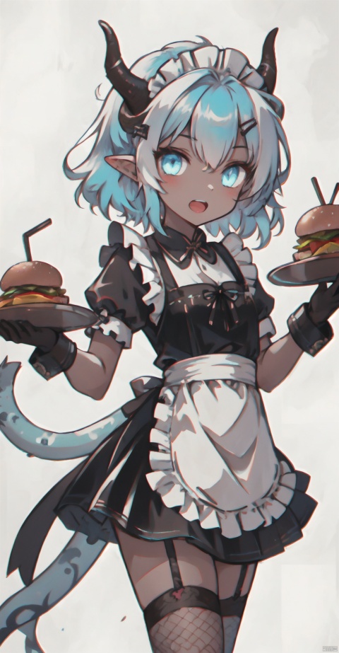  1girl, solo, looking at viewer, short hair, open mouth, blue eyes, simple background, hair ornament, thighhighs, gloves, dress, holding, blue hair, tail, white hair, short sleeves, multicolored hair, frills, food, horns, pointy ears, black gloves, hairclip, puffy sleeves, dark skin, apron, collar, two-tone hair, dark-skinned female, cup, puffy short sleeves, wrist cuffs, maid, maid headdress, colored skin, garter straps, monster girl, single thighhigh, fishnets, yellow background, tentacles, cropped legs, tray, oni horns, drinking straw, colored inner hair, holding tray, fishnet thighhighs, burger, french fries, jijianchahua, (\yan yu\), jiqing, (\shen ming shao nv\), shota