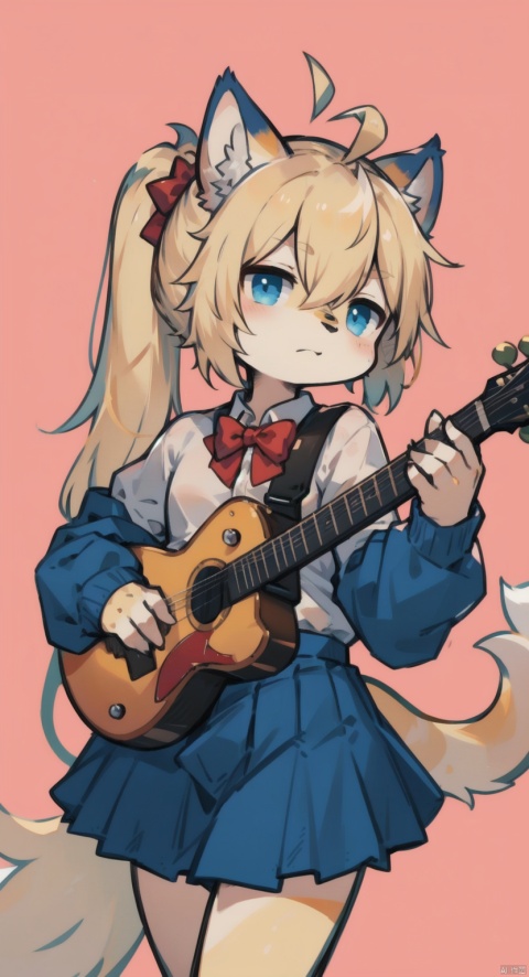  pink background,flat color,chibi,playing guitar,simple background,masterpiece, best quality,btr-nijika, 1girl, blonde hair, solo, side ponytail, skirt, long hair, (ahoge:1.2), red bow, blue skirt, white shirt, pleated skirt,bowtie, long sleeves, (anime colored:0.7),, red background, CUXIAN, shota, furry