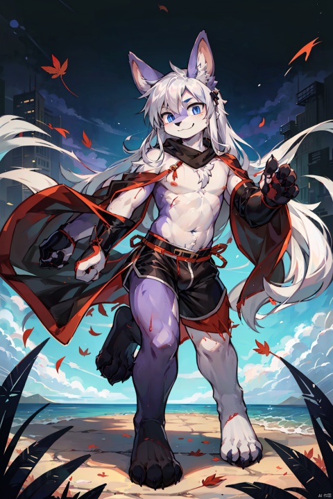  anime,8K,boy,juvenile,frail figure,white hair,(Completely naked upper body:1.2),blue eyes,In the blood city,Front hair shawl,(long hair:1.2), subtle smile,Leaf hair clip,long hair on both temples,Identity is a dancer,red leaf cape,Wave arm forward with palm,((poakl)),bare feet,(The lower limbs are black rabbit feet:1.3),(Stand with legs apart),Cover the fabric under the crotch,(Greek waist battle dress:1.2),(all purple
 fur:1.3).(Greek shorts).(Clothes blocking the crotch:1.2), furry,fat, e style thriller posterl