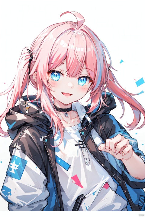 1girl, solo, long hair, looking at viewer, smile, bangs, blue eyes, shirt, white background, twintails, closed mouth, jacket, white shirt, upper body, pink hair, ahoge, choker, collared shirt, hood, low twintails, black choker, blue jacket, hooded jacket, hood up, zoom layer, elite ii \(arknights\), blue poison \(arknights\), shota