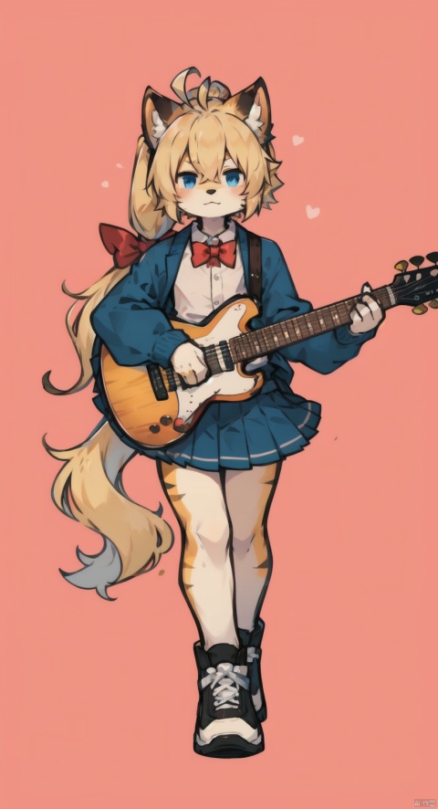  pink background,flat color,chibi,playing guitar,simple background,masterpiece, best quality,btr-nijika, 1girl, blonde hair, solo, side ponytail, skirt, long hair, (ahoge:1.2), red bow, blue skirt, white shirt, pleated skirt,bowtie, long sleeves, (anime colored:0.7),, red background, CUXIAN, shota, furry
