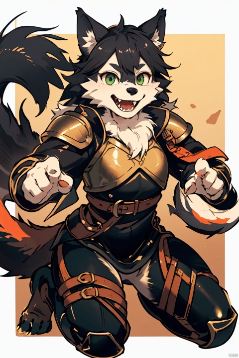  1girl, furry, rogue, full body,(wolf girl,green eye,black hair), leather armor, black fur at all, wolf face, FurryCore,1tail,grinning, sharp fangs,human hands,Gynomorph, f4nt4nsy style, eastern dragon