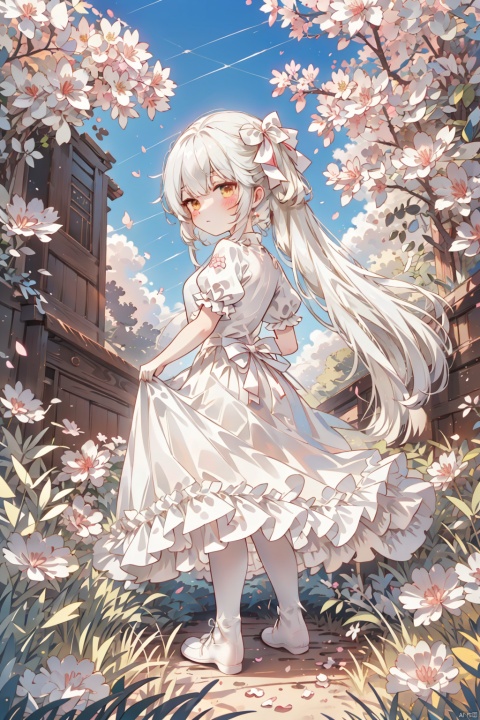  masterpiece,best quality,high quality,loli,1girl, solo, long hair, looking at viewer, blush, bangs, thighhighs, dress, ribbon, brown eyes, very long hair, closed mouth, standing, full body, yellow eyes, white hair, short sleeves, outdoors, sky,no shoes, day, puffy sleeves, looking back, cloud, from behind, white dress, white thighhighs, red ribbon, tree, blue sky, puffy short sleeves, petals, cherry blossoms, skirt hold, fdjz, shota, white pantyhose