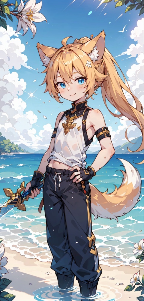  (little boy:1.3),8k,(golden long hair:1.2),blue eyes,((poakl)),Happy expression,blue clothes,White pants,Standing in the water, exposing shoulders,Wolf ears, ponytail,Holding ice swords,pink flowers,Only one character, shota