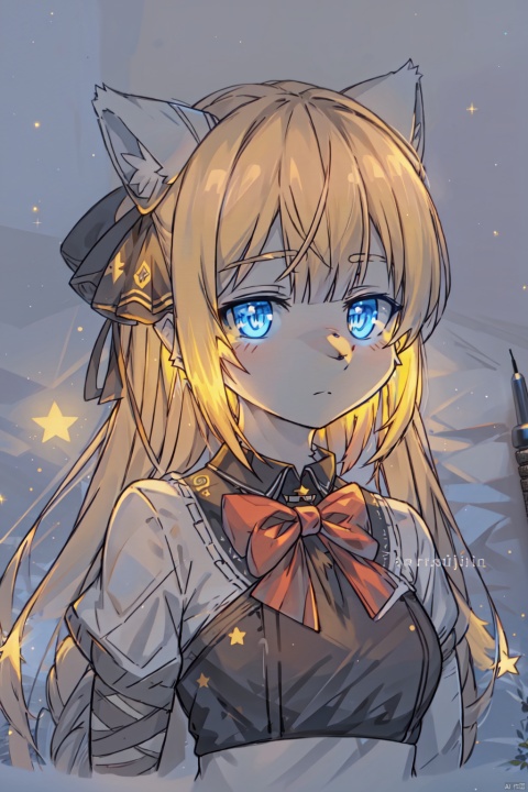  1girl,artsuijin,bandages,bangs,bowtie,braid,dark aura,hair bow,hair ornament,hair ribbon,long hair,looking at viewer,multicolored hair,portrait,solo,traditional media,upper body,yellow hair,blue eyes,symbol-shaped pupils,star,,, masterpiece, best quality, highres, artsuijin, furry