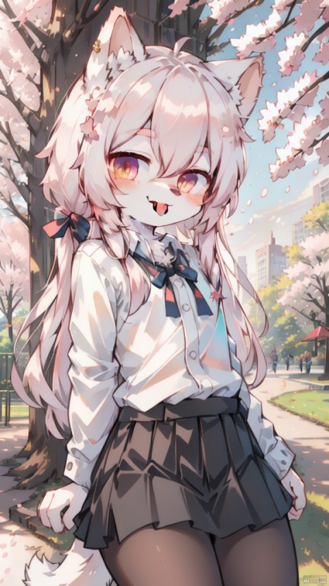 park,sky,day,skirt,bow,long hair, straight hair,smile,tongue out,fang,1girl,upper body,cherry blossoms, furry, shota, white pantyhose