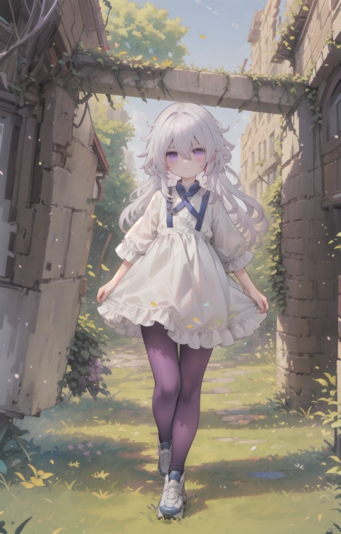  (masterpiece),(best quality),1girl, solo, purple_eyes, white_hair, overgrown, dress, short_sleeves, white_dress, scenery, grass, ruins, bangs, plant, outdoors, hair_between_eyes, looking_at_viewer, day, vines, shota, (\shen ming shao nv\), , killer, white pantyhose