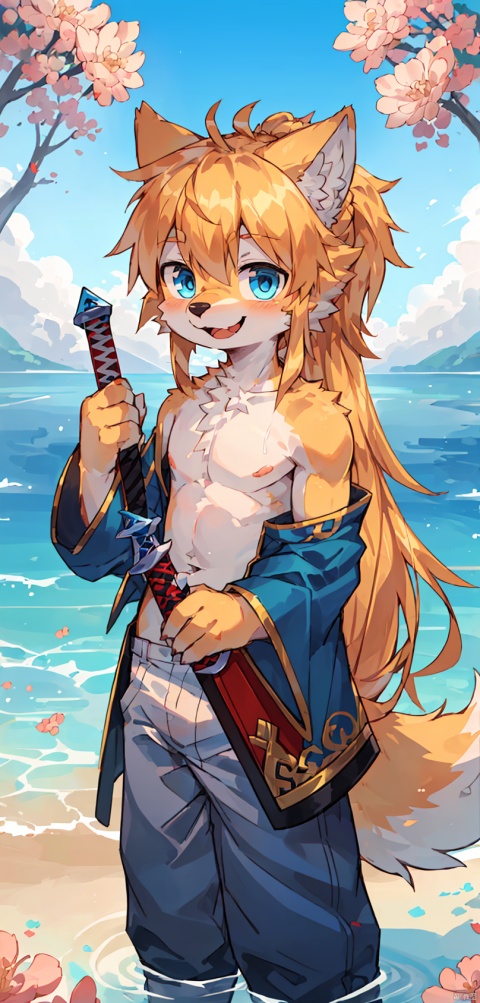  (little boy:1.3),8k,(golden long hair:1.2),blue eyes,((poakl)),Happy expression,blue clothes,White pants,Standing in the water, exposing shoulders,Wolf ears, ponytail,Holding ice swords,pink flowers,Only one character, shota, furry
