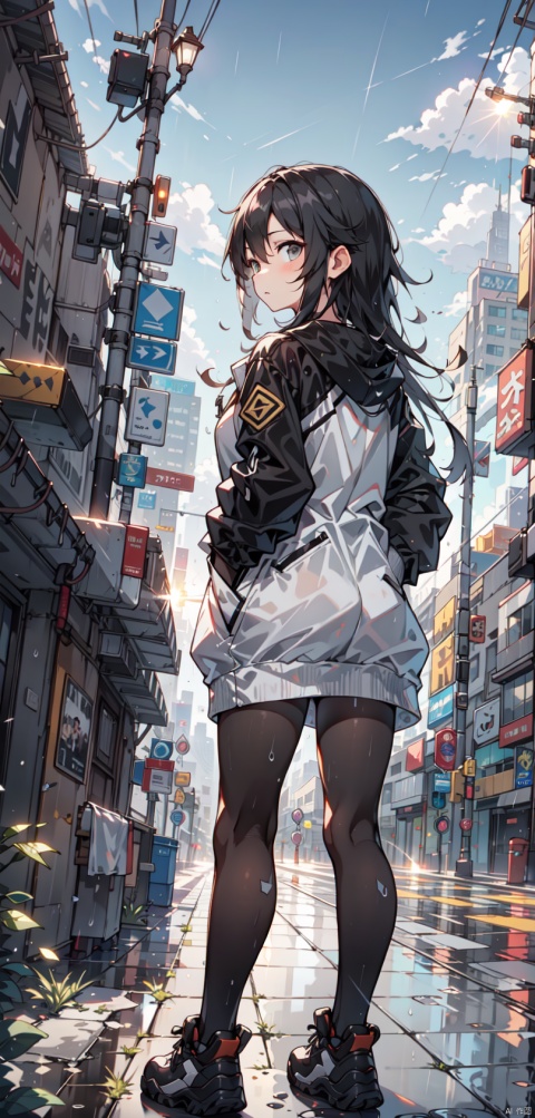  masterpiece,best quality,(ray tracing, cinematic lighting),ex-light,(central composition, Centered Composition and Symmetry:0.6),(back to camera:1.3),backlight,1girl,((solo)),black long hair,messy hair,jacket,pantyhose,rainy day,Cumulonimbus Cloud,(put hands in pockets),(outdoors, rain, sky, deserted streets, watered-down pavements, crossroad, fork in the road),tall buildings,bell towers,glass,reflections,streetlights,sunset,Tyndall Effect, shota