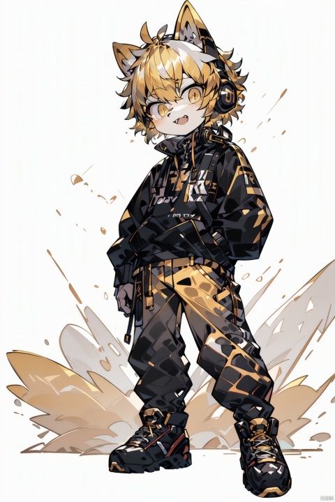  shota, (masterpiece:1.331), best quality, (official art:1.1), (extremely detailed cg unity 8k ）,(sole:1.21), simple background, yellow eyes,(headphones),boots,((yellow hair))((,gold_hair)),long_pants,standing, Larme Kei3, furry