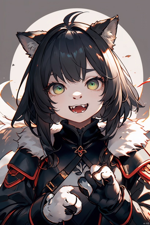  1girl, furry, rogue, full body,(wolf girl,green eye,black hair), leather armor, black fur at all, wolf face, FurryCore,1tail,grinning, sharp fangs,human hands,Gynomorph, f4nt4nsy style, eastern dragon