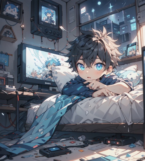  The little boy is lying on the bed, looking at the electronic monitor, with messy hair and a blue gradient at the end, 3D, BY MOONCRYPTOWOW, shine eyes01, glow, shota