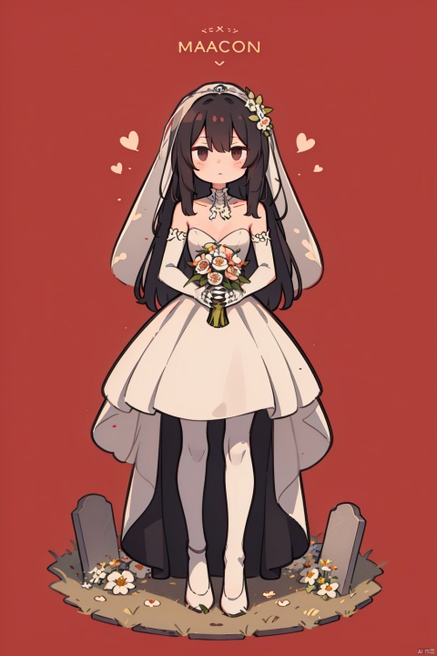  Skeleton Bride, Holding flowers in the hand, Wearing a wedding dress, Wait at the cemetery, So many details., hell, blackmagic, macron, solid eyes, xinniang, cutegui, wulian, red background, shota