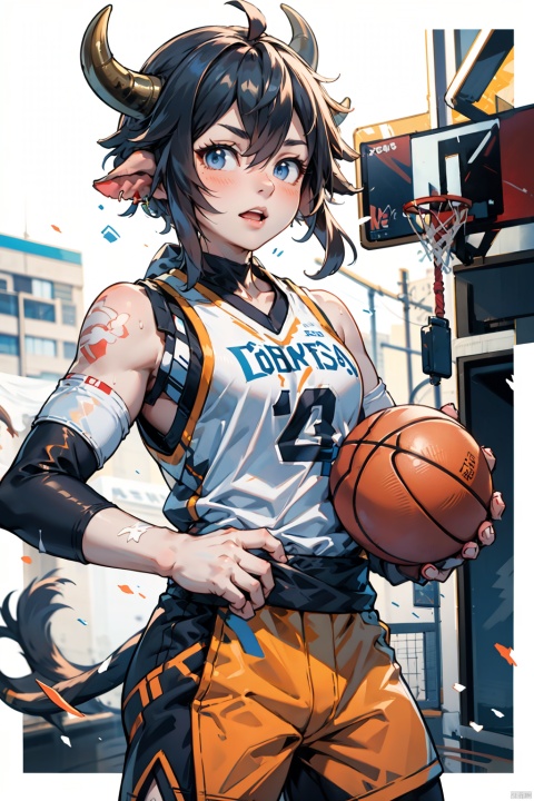  sdmai, wuxia, gorgeous eyes, splashing details, wild and powerful, solo, black hair, Playing basketball in a basketball jersey on the school basketball court, a distant view, white background, looking at viewer, 1boy, 
, wdsjp, asuo, ((poakl)), bison\(arknights\),cow boy,cow horns