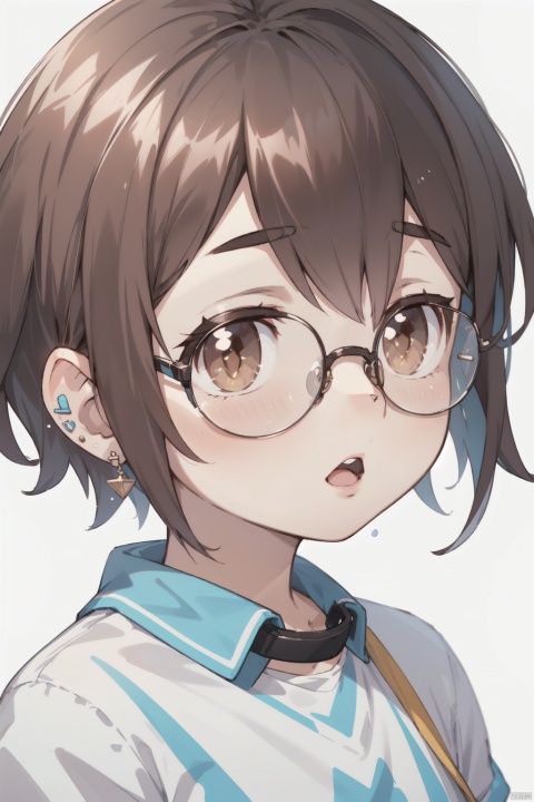  1girl, solo, looking at viewer, blush, short hair, open mouth, bangs, brown hair, shirt, brown eyes, jewelry, white shirt, earrings, glasses, virtual youtuber, :o, portrait, close-up, round eyewear, earphones, shota