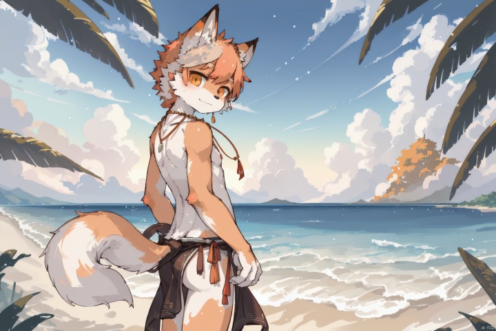  masterpiece, high quality, hi res, digital painting \(artwork\), by kuroisumi, yupa,kiyosan. soft lighting, solo, (anthro male fox), (orange body), sunshine, beach, loincloth, sea, cloud, dark, bright, sand, from side, necklace. impasto, panorama,portrait,135mm,looking at viewer,character focus. detailed background,amazing background,outdoors,scenery,light particles, kemono, (cute), ass, furry, shota, MIR, Ink scattering_Chinese style