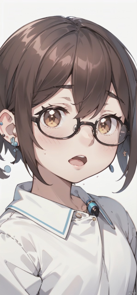  1girl, solo, looking at viewer, blush, short hair, open mouth, bangs, brown hair, shirt, brown eyes, jewelry, white shirt, earrings, glasses, virtual youtuber, :o, portrait, close-up, round eyewear, earphones, shota