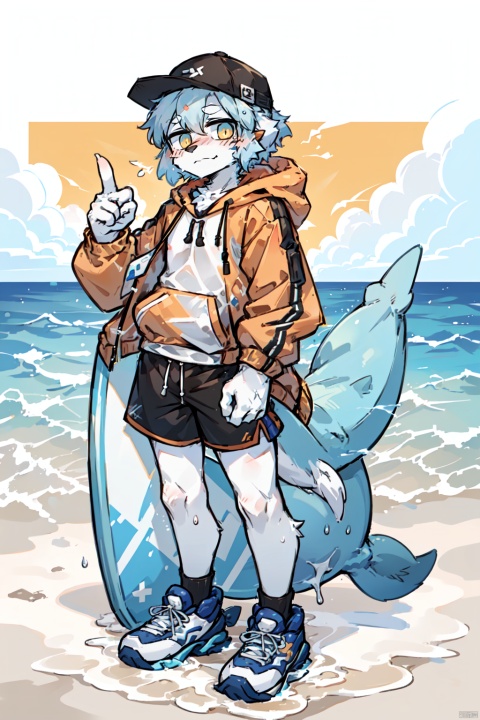  (\lang lang\), surfboard, solo, hat, shorts, water, male focus, shoes, holding, 1boy, waves, jacket, hood, baseball cap, hood down, long sleeves, yellow jacket, full body, drawstring, skateboard, pointing, blue footwear, furry, tail, dolphin, standing, whale, hoodie, looking at viewer, furry male, sneakers, white headwear, orange jacket, white shorts, blush stickers, CUXIAN