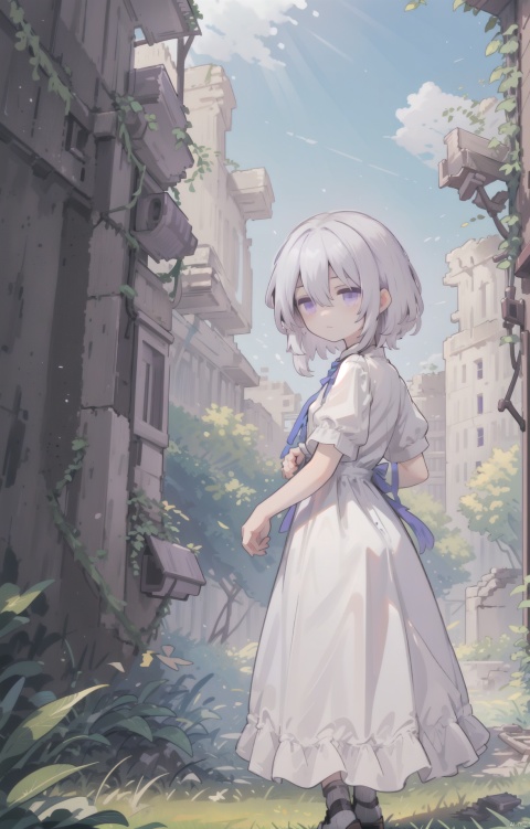  (masterpiece),(best quality),1girl, solo, purple_eyes, white_hair, overgrown, dress, short_sleeves, white_dress, scenery, grass, ruins, bangs, plant, outdoors, hair_between_eyes, looking_at_viewer, day, vines, shota , killer, , backlight