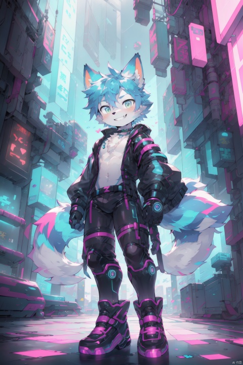  The image portrays a vibrant, futuristic character, possibly from a sci-fi or cyberpunk setting. The character has a reflective, metallic appearance, adorned with neon lights that form animal-like ears and a playful grin. The color palette is dominated by pastel hues, giving the scene a dreamy and ethereal feel, shota, furry, MG tian