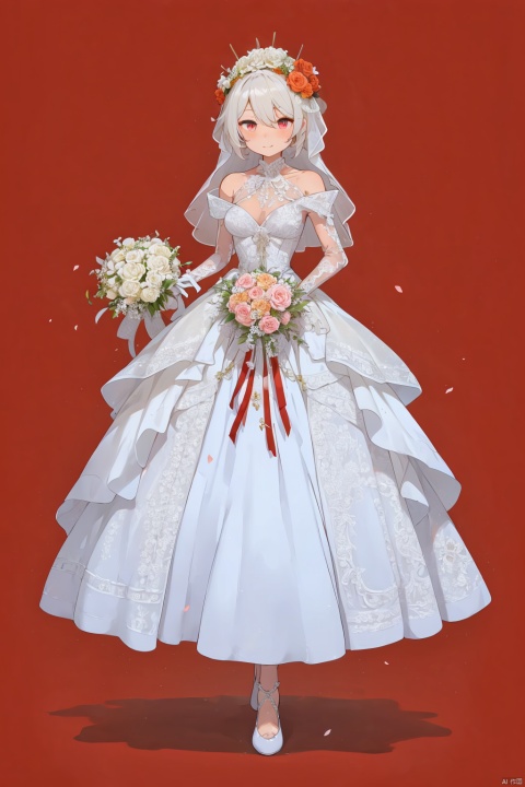  Skeleton Bride, Holding flowers in the hand, Wearing a wedding dress, Wait at the cemetery, So many details., hell, blackmagic, macron, solid eyes, xinniang, cutegui, wulian, red background, shota