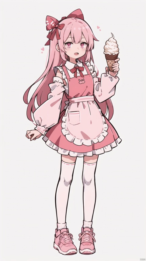  1girl, absurdres, apron, asymmetrical legwear, bow, detached sleeves, dress, food, highres, holding, ice cream, long hair, long sleeves, looking at viewer, open mouth, original, pink bow, pink dress, pink eyes, pink footwear, pink hair, pink socks, simple background, sleeves past fingers, sleeves past wrists, socks, solo, standing, thighhighs, uneven legwear, white background, white thighhighs
, shota, red background