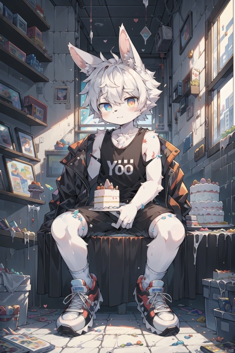  furry,goo,love,boy,shota,T-shirt,shots,coat,white socks,sneakers,love,rabbit,tank,Heterochromatic pupil, build up,cake,candies,food,magazine, HTTP, , pixel art, shota, e style thriller posterl