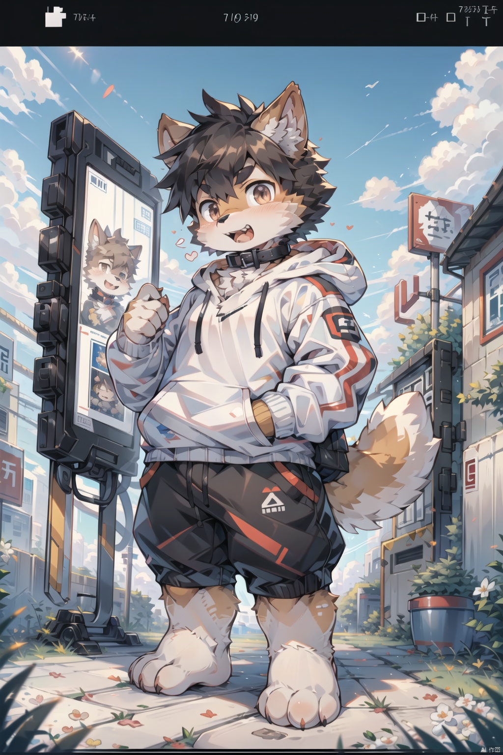  ((best quality)),(boy:Shiba inu:0.8),(boy:1.2),(dark brown fluffy hair:1.3), (big grey innocent eyes:1.2),stubborn expression,open the mouth and show the teeth,canine teeth,(white hoodie with paw prints:1.1),(collar on neck:1.2),paws in pocket,(carefree attitude:1.2), (anime character:1.3), lovable personality, (endearing perspective:1.1), (8k resolution:1.0),furry,pixel art,machinery, furry,fat, shota