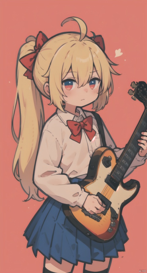  pink background,flat color,chibi,playing guitar,simple background,masterpiece, best quality,btr-nijika, 1girl, blonde hair, solo, side ponytail, skirt, long hair, (ahoge:1.2), red bow, blue skirt, white shirt, pleated skirt,bowtie, long sleeves, (anime colored:0.7),, red background, CUXIAN, shota