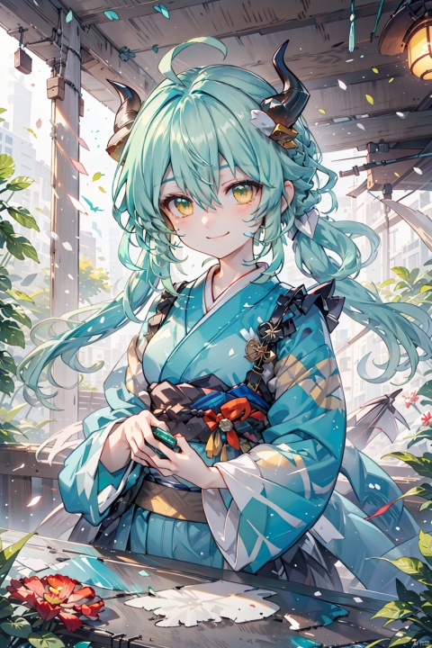  1girl, kiyohime \(fate\), solo, best quality, detailed, upper body, looking at viewer, holding fan, smile, dragon horns, closed mouth, yellow eyes, green eyes, hair between eyes, eyebrows visible through hair, long hair, green hair, aqua hair, bangs, kimono, wide sleeves, obi, folding fan, dragon girl, shaded face, shota, killer