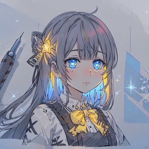  1girl,artsuijin,bandages,bangs,bowtie,braid,dark aura,hair bow,hair ornament,hair ribbon,long hair,looking at viewer,multicolored hair,portrait,solo,traditional media,upper body,yellow hair,blue eyes,symbol-shaped pupils,star,,, masterpiece, best quality, highres, artsuijin