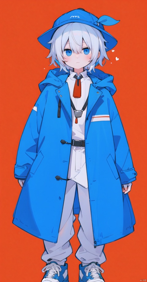  za_yv, ganyu, , hat, coat, multicolored hair, blue hair, white hair, red background, shota