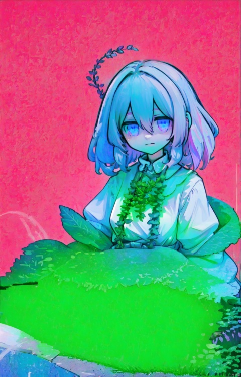  (masterpiece),(best quality),1girl, solo, purple_eyes, white_hair, overgrown, dress, short_sleeves, white_dress, scenery, grass, ruins, bangs, plant, outdoors, hair_between_eyes, looking_at_viewer, day, vines, shota , killer, , red background