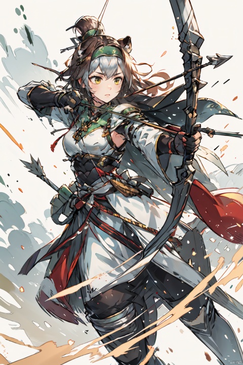  1girl, solo, gloves,long hair, focusing intensely,Hold the iron tire bow with the left hand and draw a bow and shoot arrows, Wearing a jade crown, shining silver armor, and wearing a lion headband. Treading towards the sky with cow tendon boots; Wearing a crimson cloak on her shoulders, carrying a three foot green blade on her waist, coupled with her tall figure and resolute expression,clean white background, shota