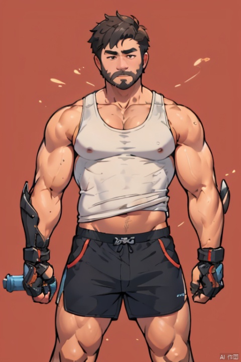 1boy,Muscular,CNThor, male focus, solo, facial hair, muscular, muscular male, large pectorals, abs, beard, short hair, mature male, mustache, looking at viewer, thighs, old man, old,realistic, shorts, thick thighs, arm armors, black hair, male underwear, underwear,((wearing T-shirt,tank top)), Jixieman, shota, red background