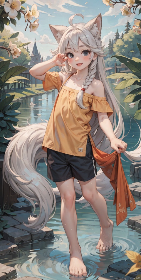  (little boy:1.3),8k,(silver long hair:1.2),black eyes,((poakl)),Happy expression,yellow clothes,bare foot,Standing in the water, exposing shoulders,Wolf ears,