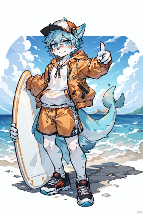  (\lang lang\), surfboard, solo, hat, shorts, water, male focus, shoes, holding, 1boy, waves, jacket, hood, baseball cap, hood down, long sleeves, yellow jacket, full body, drawstring, skateboard, pointing, blue footwear, furry, tail, dolphin, standing, whale, hoodie, looking at viewer, furry male, sneakers, white headwear, orange jacket, white shorts, blush stickers, CUXIAN