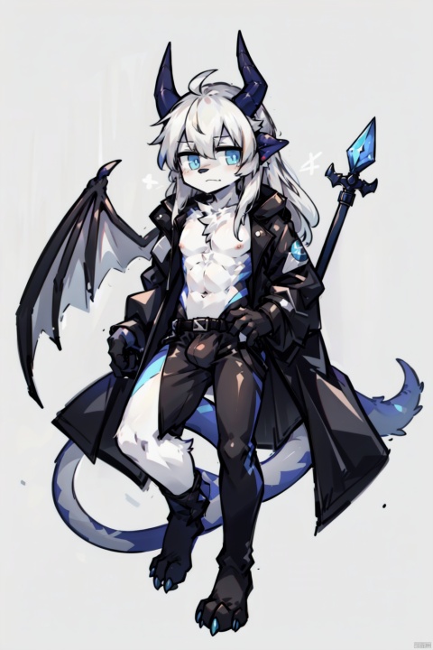  Wearing a black trench coat,Long black trench coat,look so cool,Holding a sickle in left hand,furry,white wolf boy,male,long hair,white hair,KemoShota,Dragon horn,long dragon tail,the whole body,the whole body only white,hang in the air,cool,Black Devil Wings,long white hair,blue eyes,nipples,, shota, CUXIAN