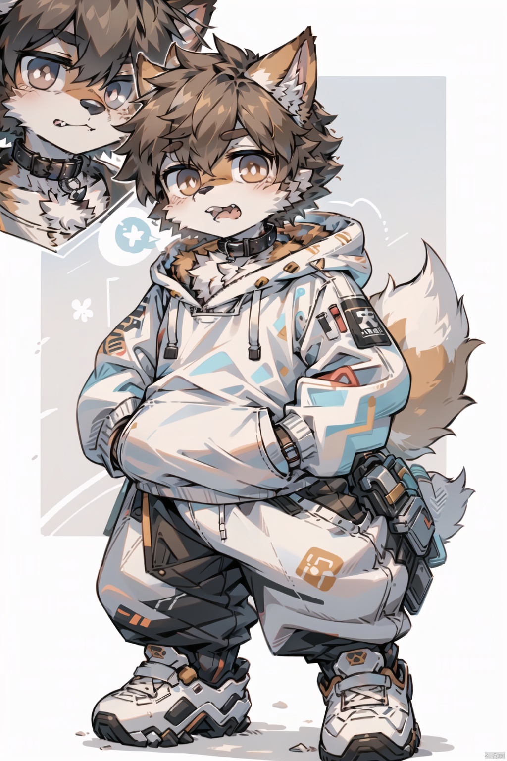  ((best quality)),(boy:Shiba inu:0.8),(boy:1.2),(dark brown fluffy hair:1.3), (big grey innocent eyes:1.2),stubborn expression,open the mouth and show the teeth,canine teeth,(white hoodie with paw prints:1.1),(collar on neck:1.2),paws in pocket,(carefree attitude:1.2), (anime character:1.3), lovable personality, (endearing perspective:1.1), (8k resolution:1.0),furry,pixel art,machinery, furry,fat, shota, 
