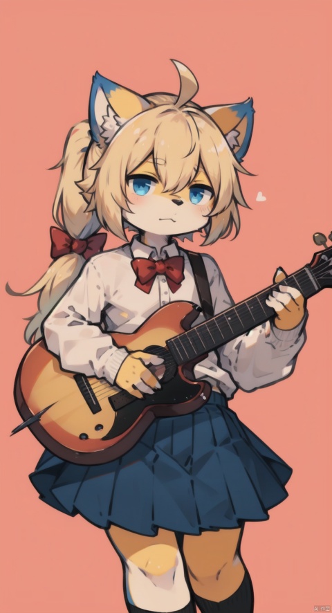  pink background,flat color,chibi,playing guitar,simple background,masterpiece, best quality,btr-nijika, 1girl, blonde hair, solo, side ponytail, skirt, long hair, (ahoge:1.2), red bow, blue skirt, white shirt, pleated skirt,bowtie, long sleeves, (anime colored:0.7),, red background, CUXIAN, shota, furry