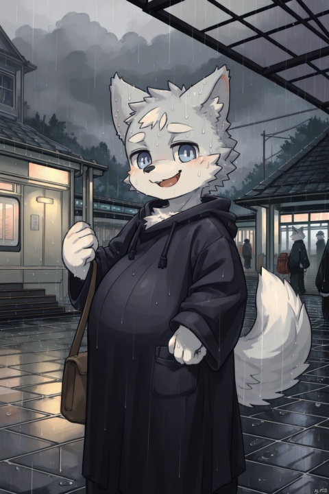  masterpiece, best quality, perfect anatomy, bright eyes, watery eyes, kemono, furry, wolf, (felis:0.25), male, solo, baggy clothing, (open smile:1.1), gentle, looking at viewer, train station, rain, (waterdrop:0.9), grey sky, raining, (fog:0.4), detailed eyes, shota,fat, CUXIAN