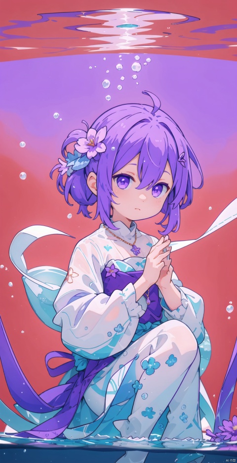  1 girl,(Purple light effect),hair ornament,jewelry,looking at viewer,flower,floating hair,water,underwater,air bubble,submerged

, forehead mark, shota, red background