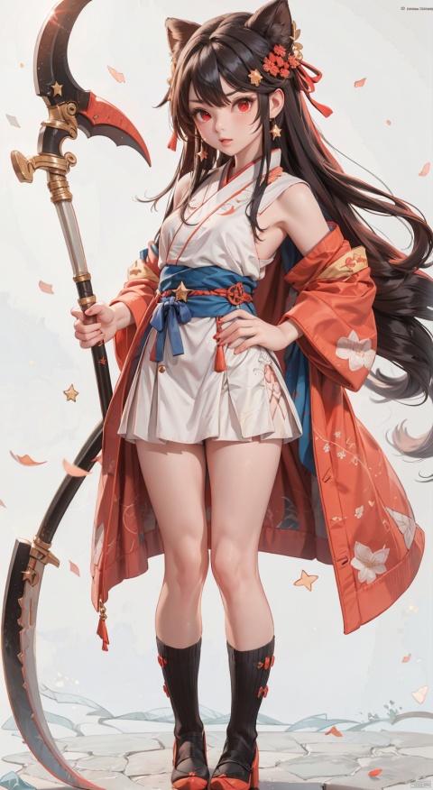  (1girl:0.6),thin,very long hair,black hair, A bundle of red hair,red eyes,small breasts,black coat,white lining,white skirt,socks,shoes,closed mouth,red star hairpin,(star), serious,star,(scythe),((((white_background)))),standing,masterpiece,best quality,official art,extremely detailed CG unity 8k wallpaper, yue , hair ornament , hanfu