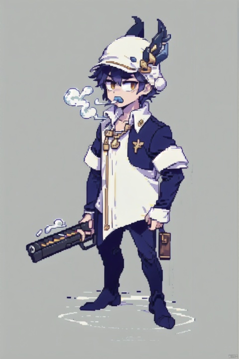 镜头质量：Bestquality,8k,(((masterpiece))),((bestquality)),
镜头位置：(full_body:1.2),
人物：1boy ,A smoking cigar,Holding a cigar in hismouth,
环境背景：
图像风格：(pixelart:1.2),
提示词：pixel creature, guai, pixel creature, evil person,Gunner,((gun_Revolver:1.2)), 