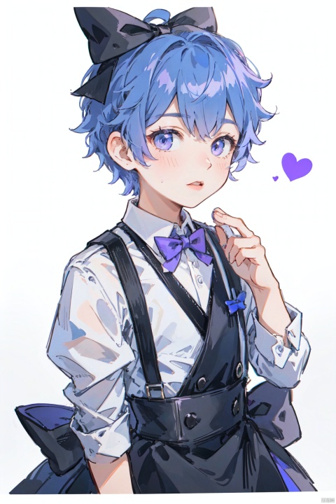  (1boy:1.2), black_bow, tie, bowtie, hair_bow, parted_lips, purple_bow, blue_hair, short_hair, simple_background, solo, white_background