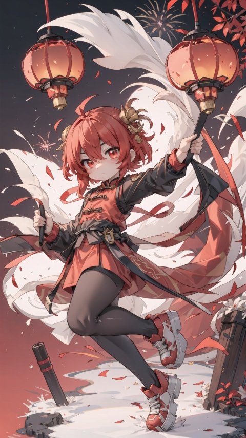  1 red dragon,red background, a small number of red lanterns, Chinese elements with firecrackers around and fireworks in the background, goddess, colors, shota, killer